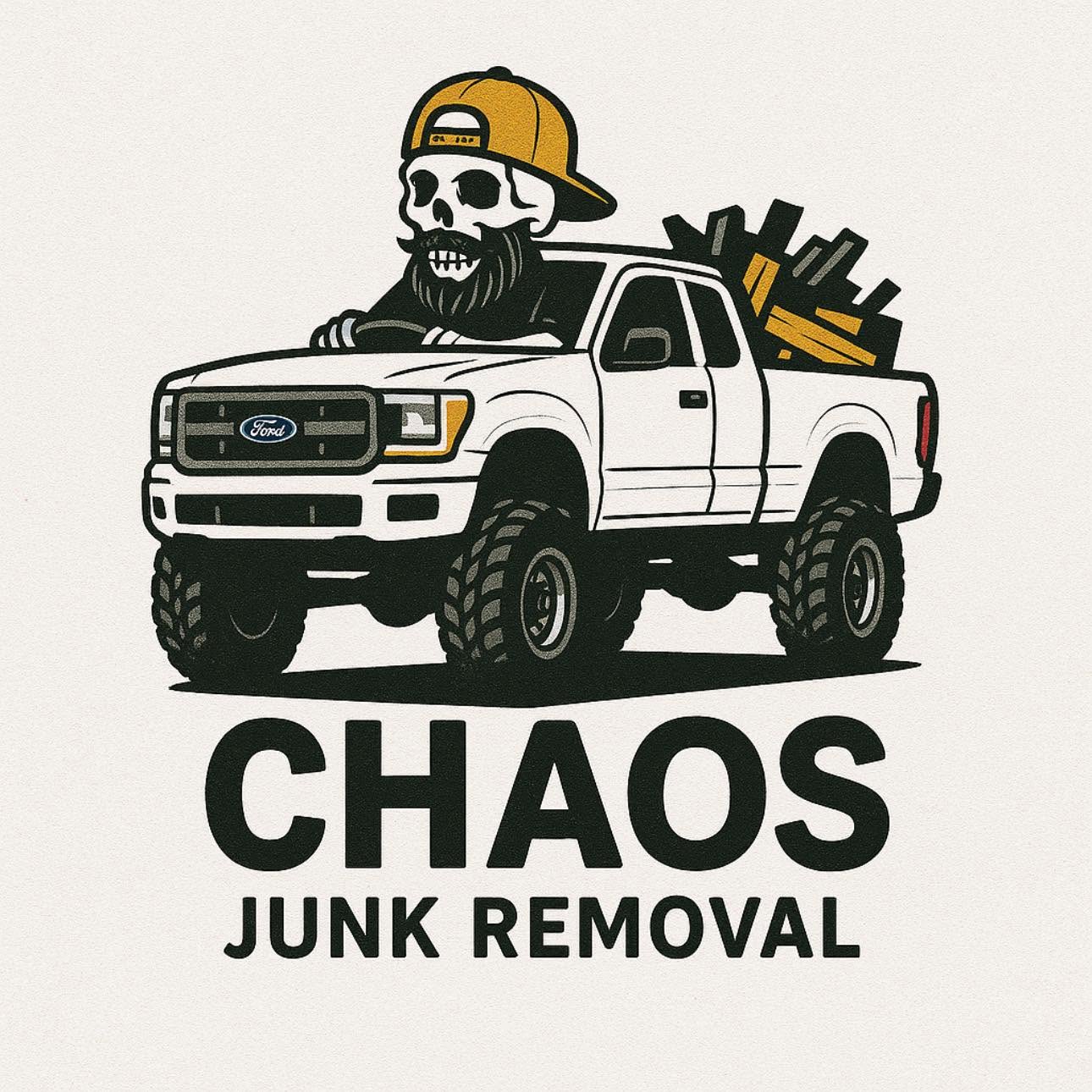Chaos Junk Removal LLC logo: bearded skull driving a lifted pickup loaded with junk